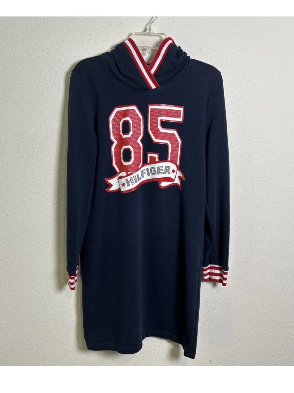 Tommy Hilfiger Women’s Med Hoodie Varsity Sweatshirt Dress 85 Navy Blue Red